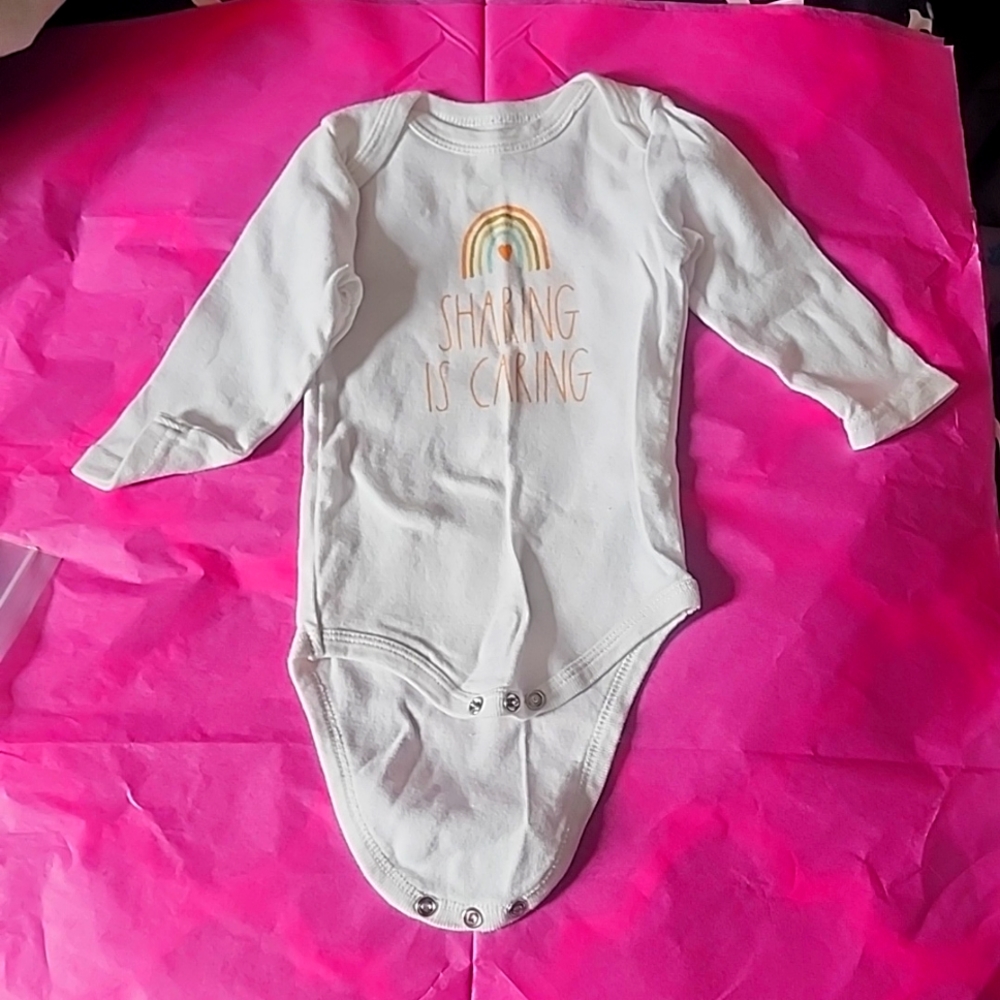 Rae Dunn 6-9m long sleeve rainbow sharing is caring diaper shirt